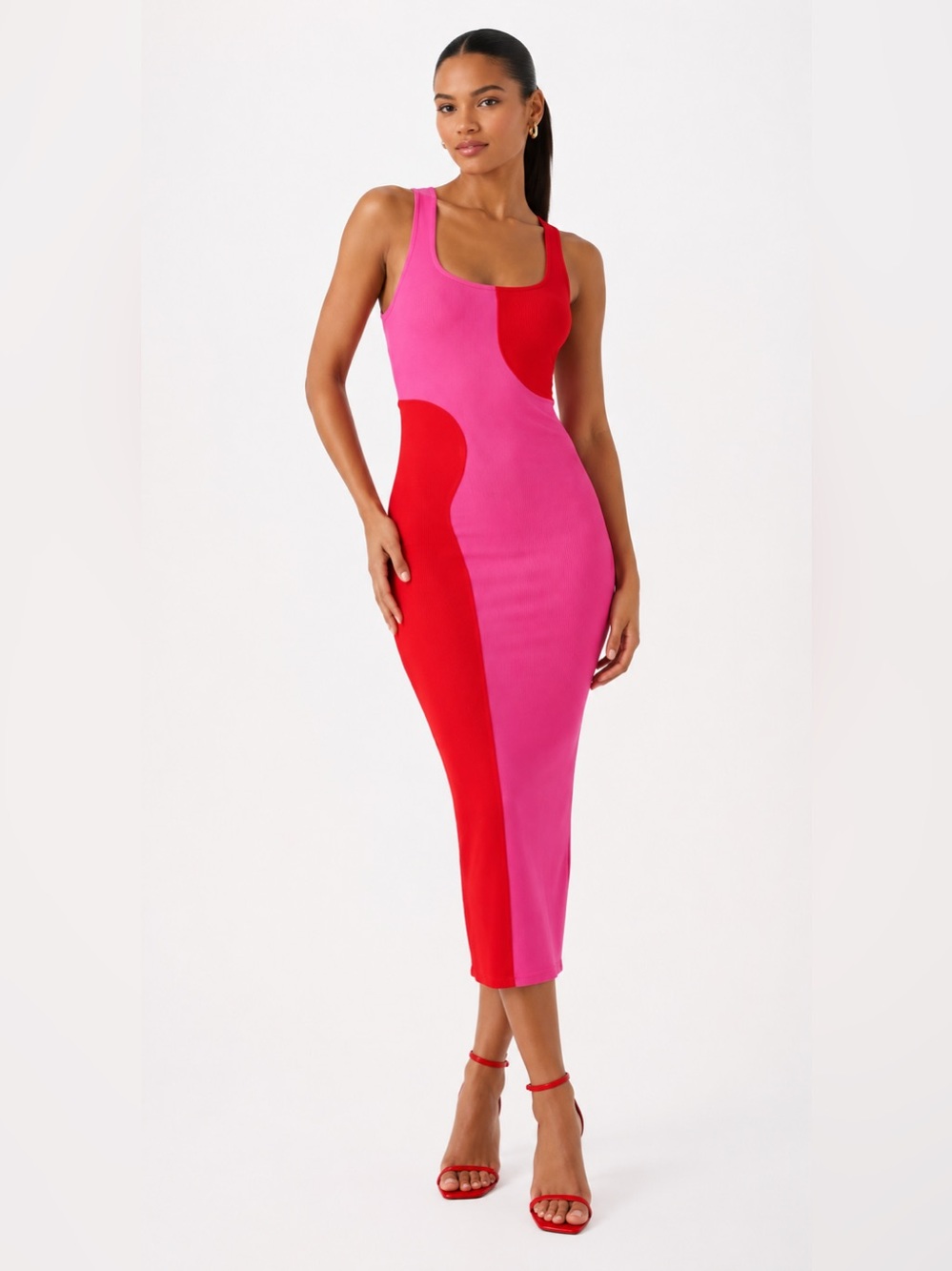 Naked wardrobe Colorblock Pink and Red Bodycon Midi Dress NWOT - Picture 2 of 7